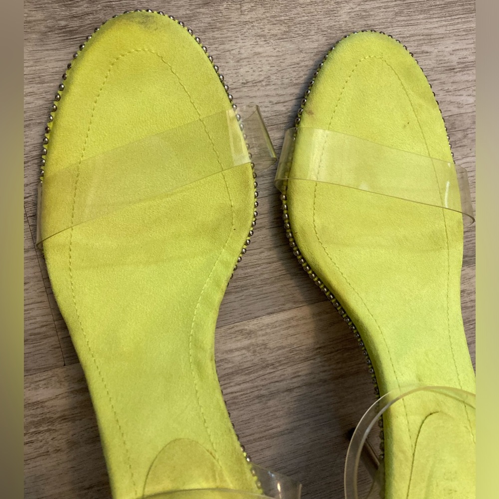 Fashion Nova Neon Yellow Green Heels Silver Studs Clear Adjustable Straps 8.5 - Picture 10 of 16